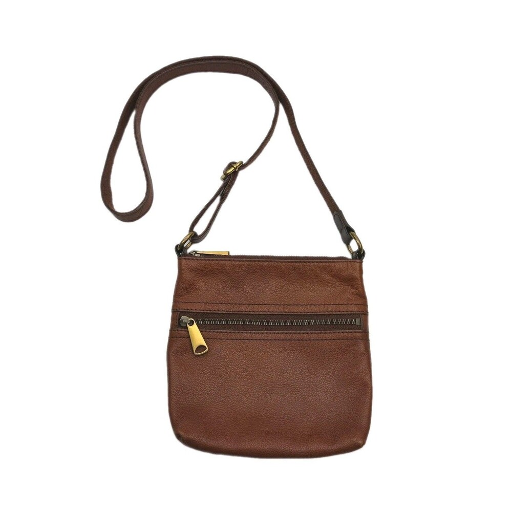 Fossil Purse Brown Leather Crossbody Bag Small Zip Pocket Adjustable Travel 8x8"